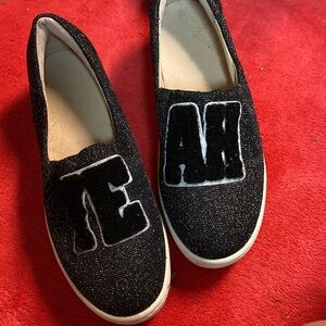 Zara Black Sparkle Slip-On Sneakers with Letter Appliqué Sz 5